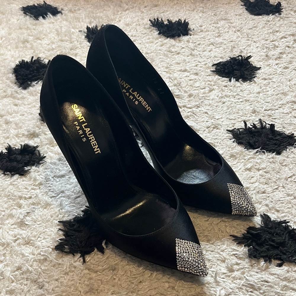 Saint Laurent size 37 silk black crystal embellished heels - Picture 2 of 13